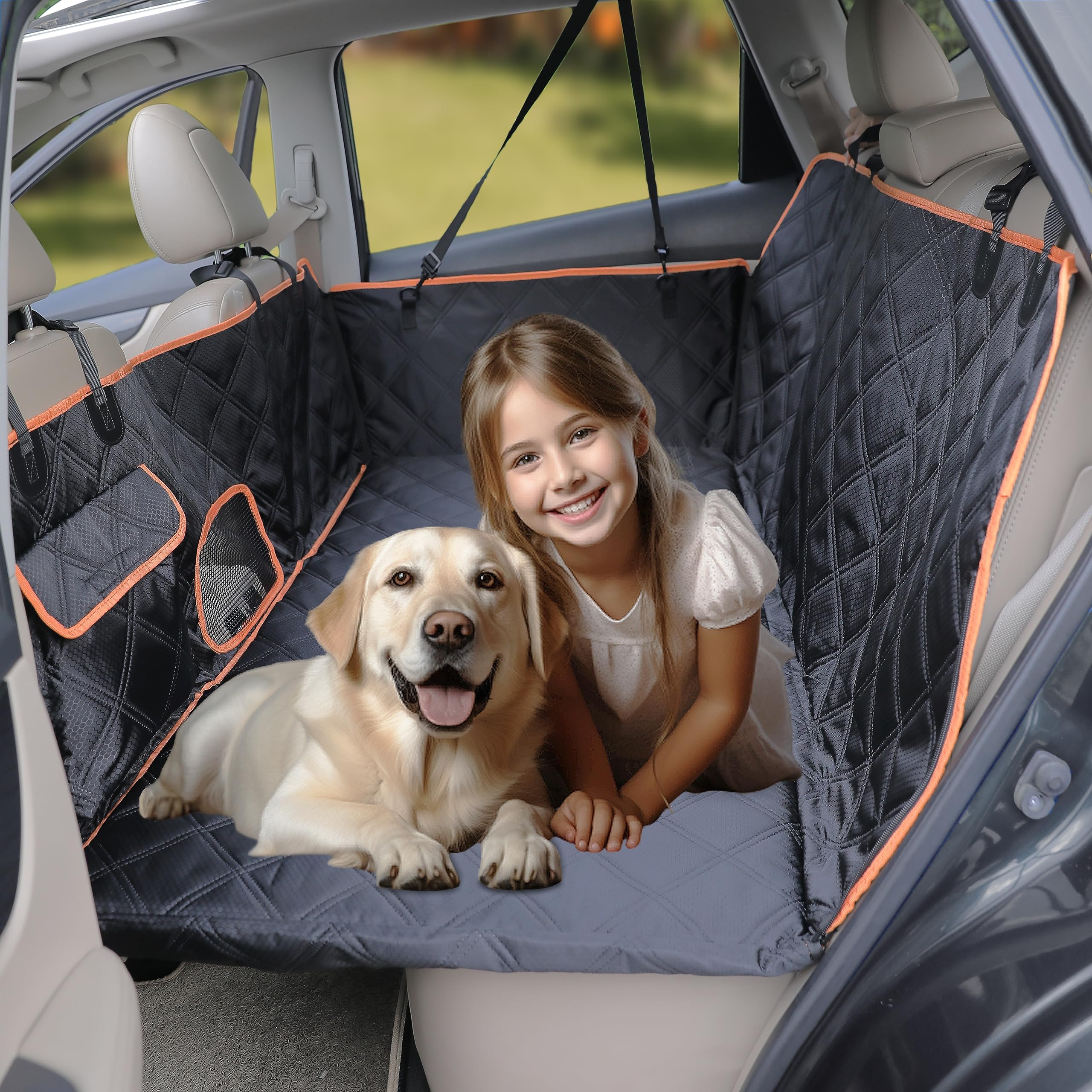 Photo 1 of kmirepa Back Seat Extender for Dogs, 100% Waterproof Hard Bottom Dog Car Seat Cover, Backseat Platform Hammock with Side Flaps & Mesh Window, Pets Seat Protector for Car SUV Truck