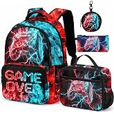 XINWBB Game Backpack Set for Boys Kids &ndash; 17" Large Capacity Gaming School Bag with Lunch Box, Pencil Bag and Coin Purse (Blue&amp;Red)
