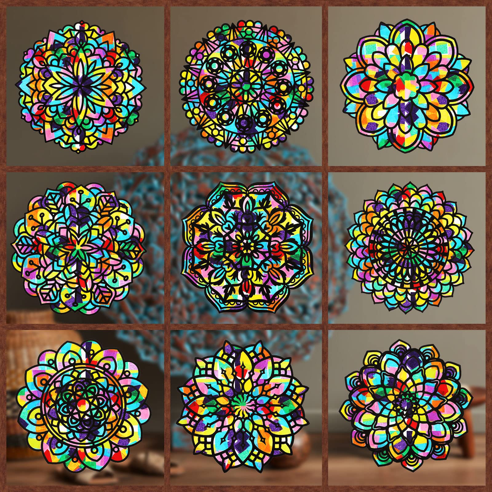 Photo 1 of 18 Pack Colorful Mandala Window Clings DIY Kit Stained Glass Kits for Adults Suncatchers for Windows Arts and Crafts DIY for Adults Mandala Sun Catcher for Beginner Teens, 6 x 6 Inches