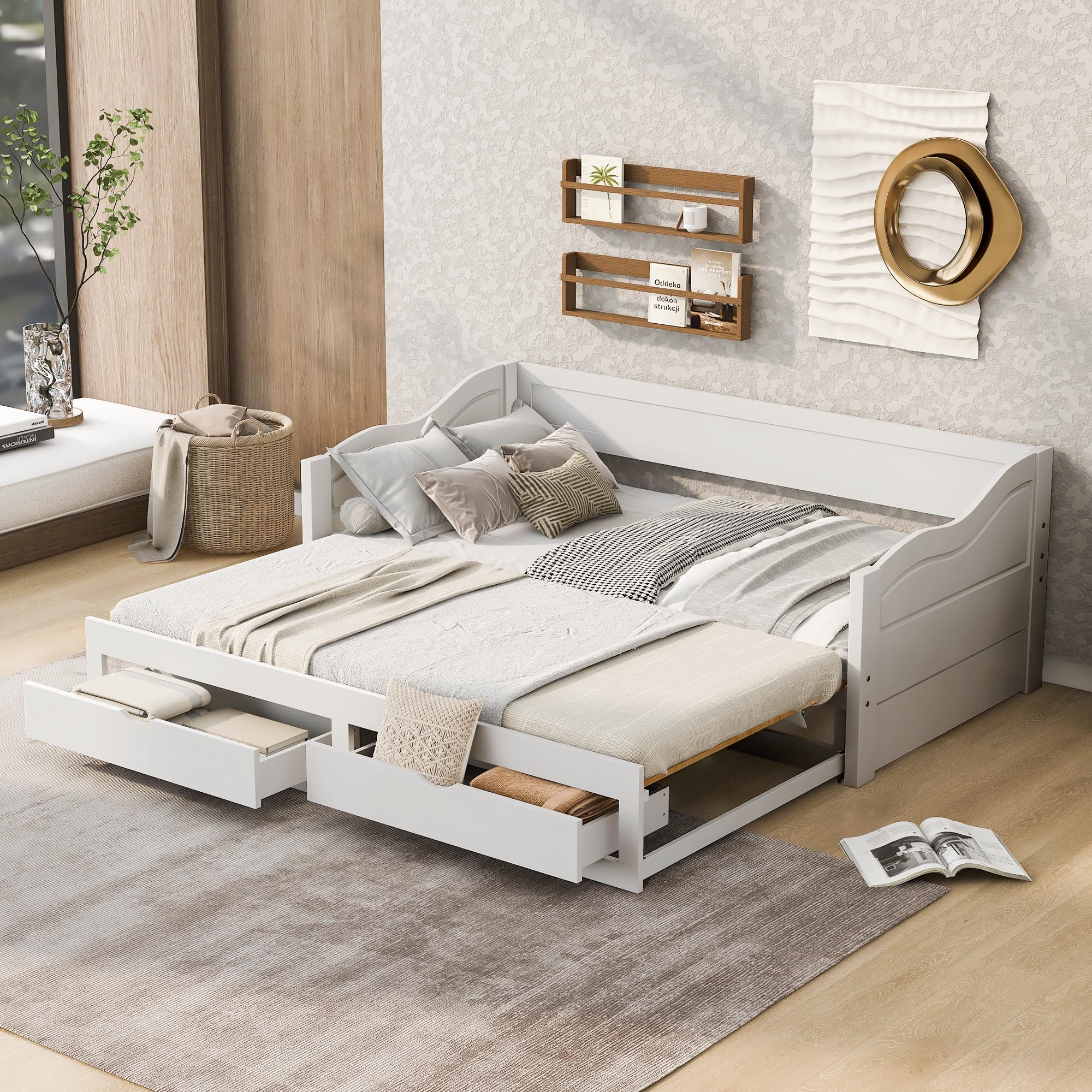 Photo 1 of ***BOX 1 OF 2***SOFTSEA Twin Size Daybed with Trundle & Storage Drawers, Wood Twin to King Day Bed with Drawers for Small Spaces, Space-Saving Daybed with Extendable Trundle for Kids Teens Adults, White