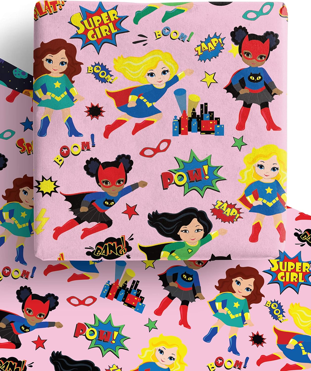 4 x Superhero Multicultural Wrapping Paper for Kids Girls & Women- Premium 100% Recycled and Recyclable Gift Wrap Sheets 70x50cm for Christmas Birthday
