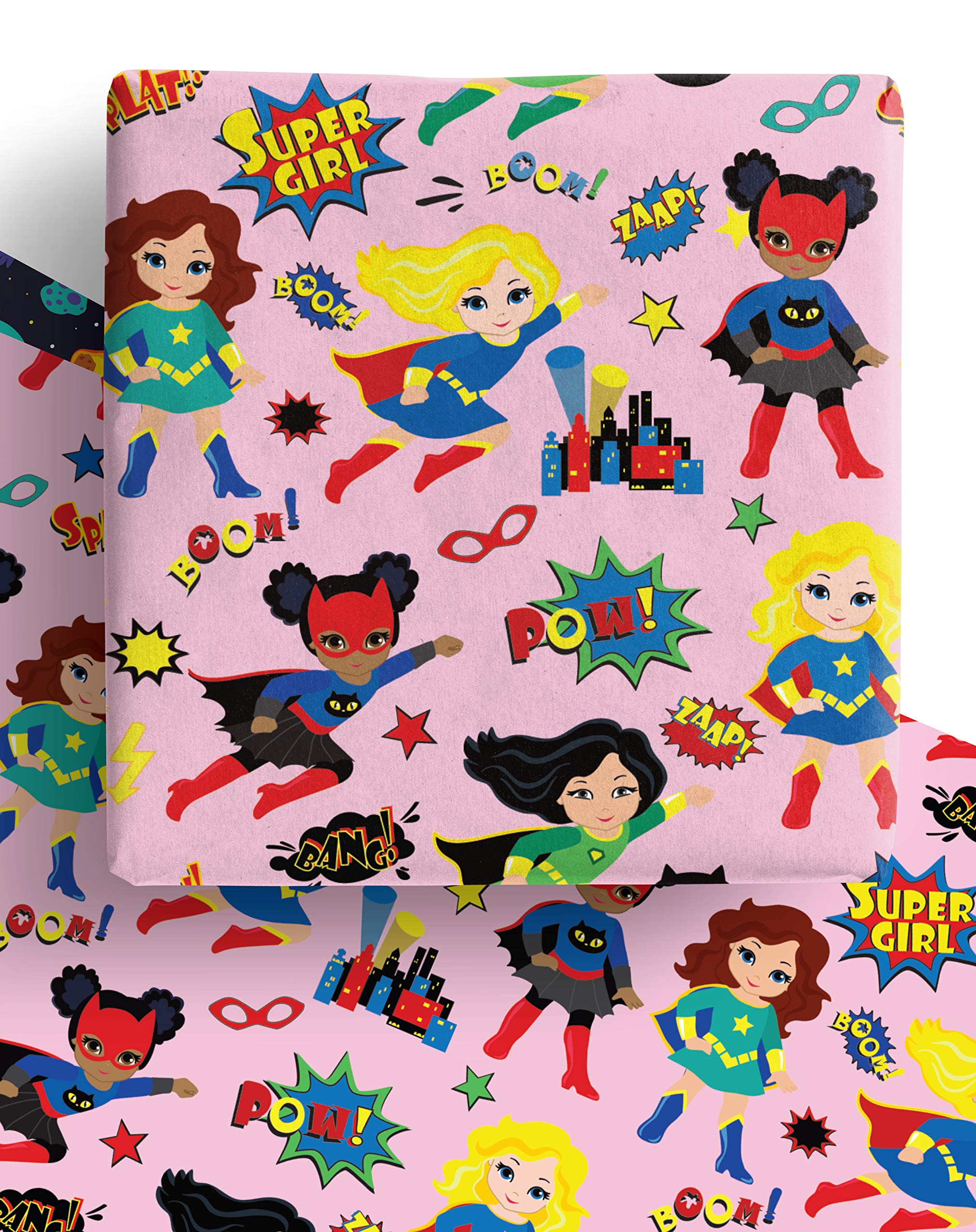 4 x Superhero Multicultural Wrapping Paper for Kids, Girls & Women- Premium 100% Recycled and Recyclable Gift Wrap Sheets 70x50cm for Christmas, Birthday, Anniversary, Thank You & More