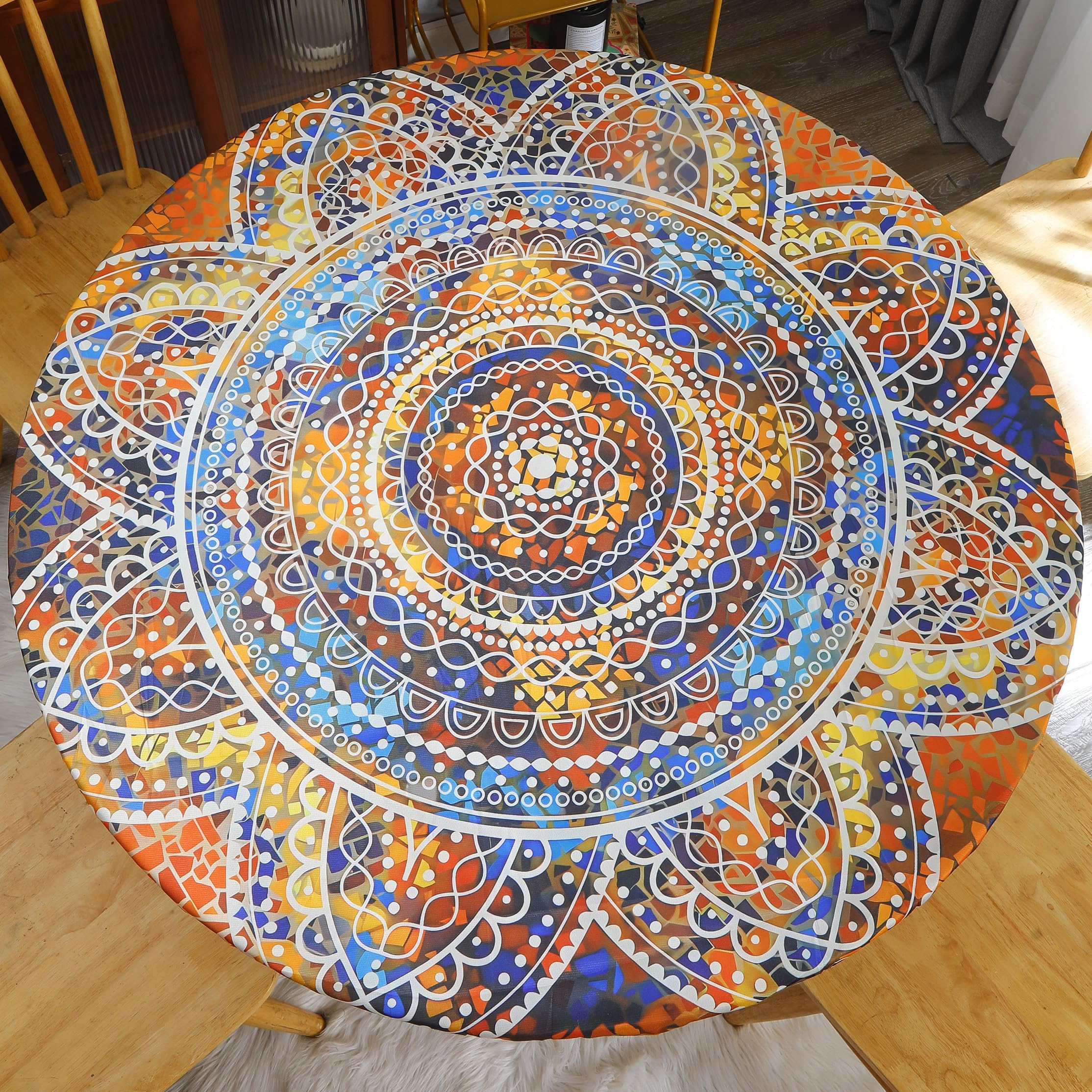 Photo 1 of Round Fitted Tablecloth Elastic Edge Design Table Cover Waterproof Table Cloth Wipeable Washable for Round Table