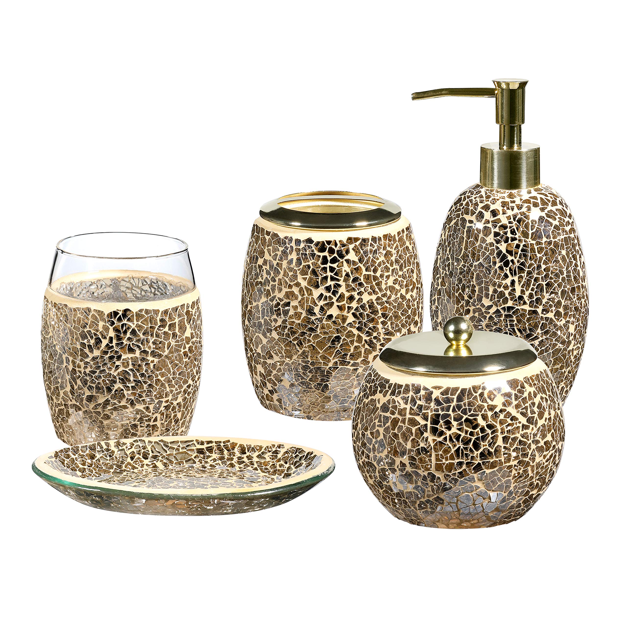 WHOLE HOUSEWARESBathroom Accessory Set | 5-Piece Decorative Glass Bathroom Accessories Set | Soap Dispenser, Tray, Jar, Toothbrush Holder | Gift Idea | Elegant Gold Mosaic Glass (Gold)