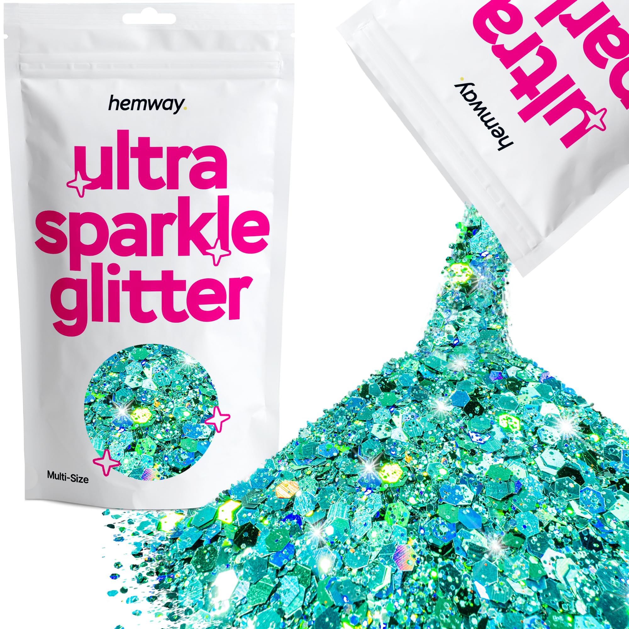 Hemway Ultra Sparkle Glitter Turquoise Blue Holographic 100g Multi Size | Glitter for Arts & Craft, Makeup, Nail Art, Crafting, Card Making, Sparkle Decoration