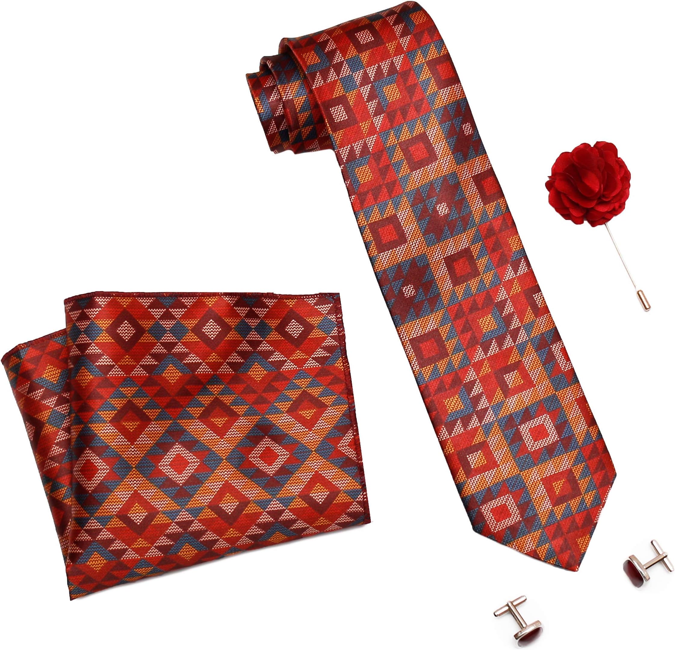 Formal/Casual Printed Polyester Necktie Set with Pocket Square, Lapel Pin and Cufflinks for Men (Free Size, Multicolour)