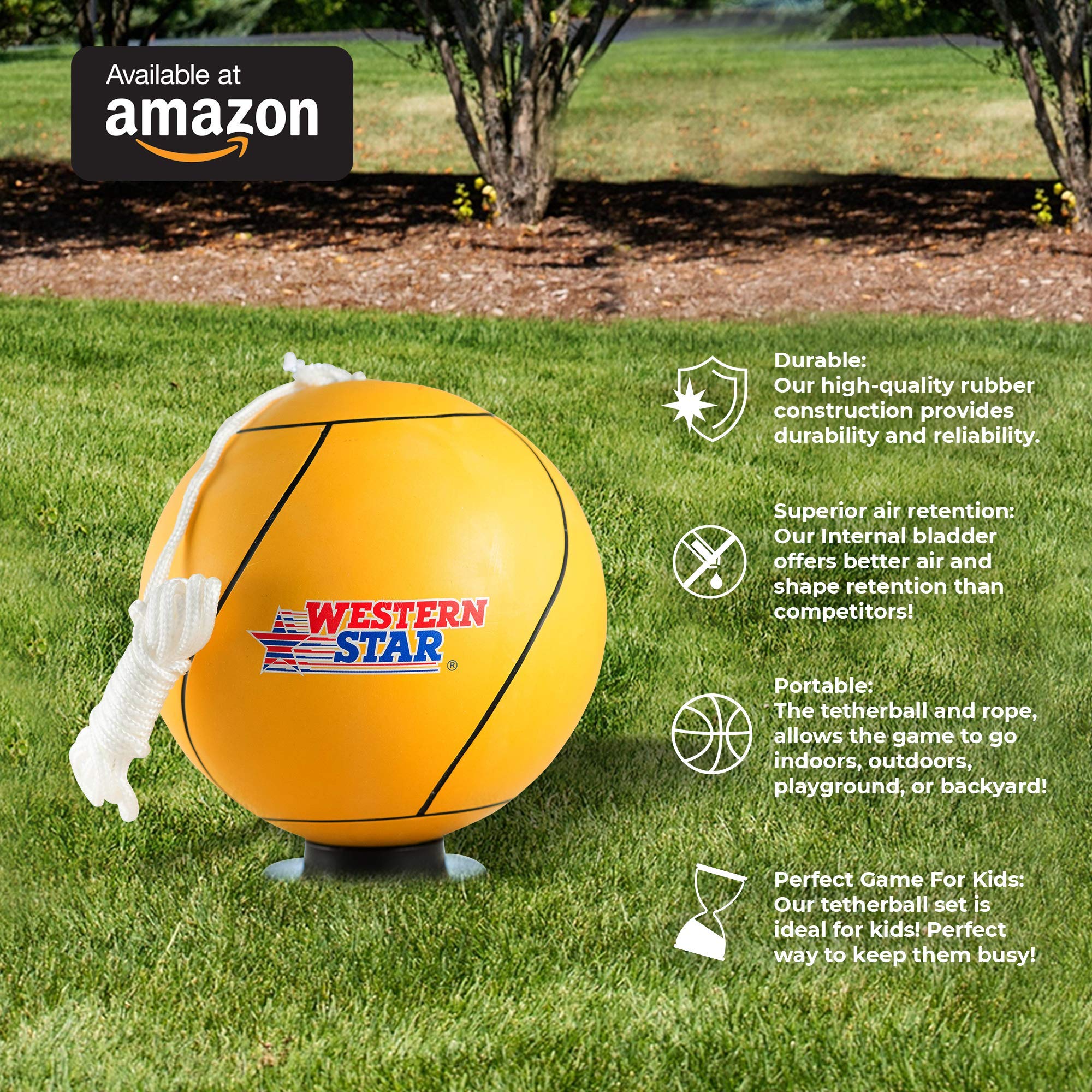 Western Star Tetherball Game Set - Classic and Original - Soft-Touch Tether Ball with 2 Durable Attached Ropes - Indoor, Outdoor, 4 Colors - Easy Attach & Play - Classic Family Outdoor Game for Kids
