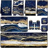 Fourluoo 10 Pcs Kitchen Dish Towels Rugs Oven Mitts and Pot Holders Kit Farmhouse Kitchen Decor Set Gloves Vintage Potholders for Baking Cooking Chef(Blue,Modern)