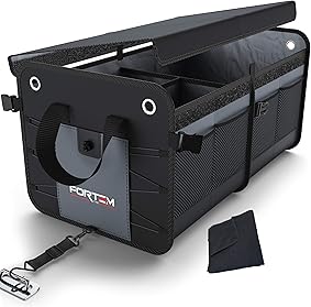 FORTEM Organizador de Maletero para Coche - Caja de Almacenamiento Plegable con Compartimentos, Base Antideslizante, Correas, Bolsillos (Gris, 2 Compartimentos) 