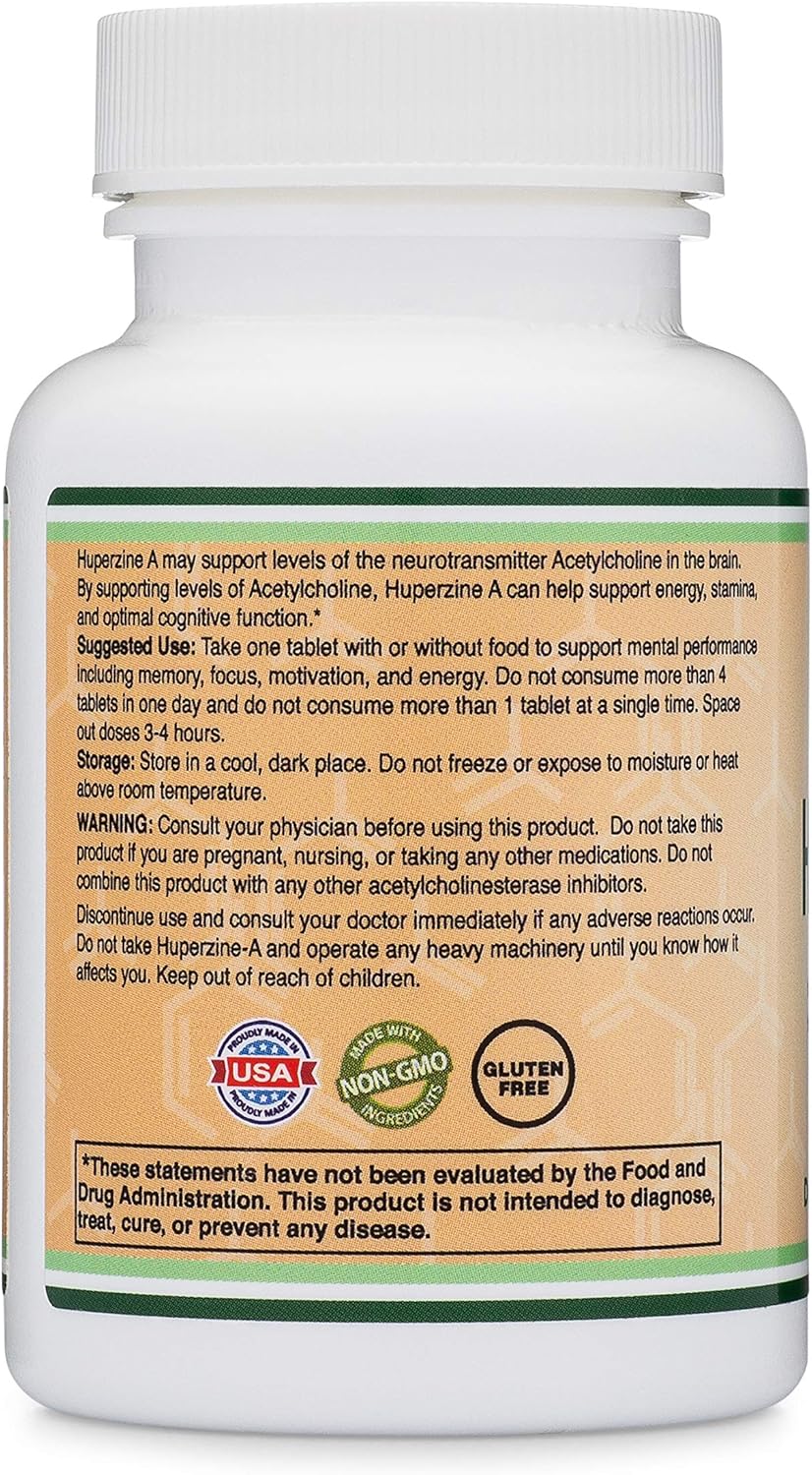 Huperzine A 200mcg (Third Party Tested) Made in The USA, 120 Tablets, Nootropics Brain Supplement to Promote Acetylcholine, Support Memory and Focus by Double Wood Supplements: Health & Personal Care