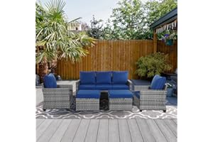 Decksplore 5 Piece Rattan Outdoor Patio Furniture Set, Weather-Resistant Outdoor Conversation Furniture with Ottoman, Outdoor Patio Modular Sofa Set with Thick Cushions and Backrest, Blue