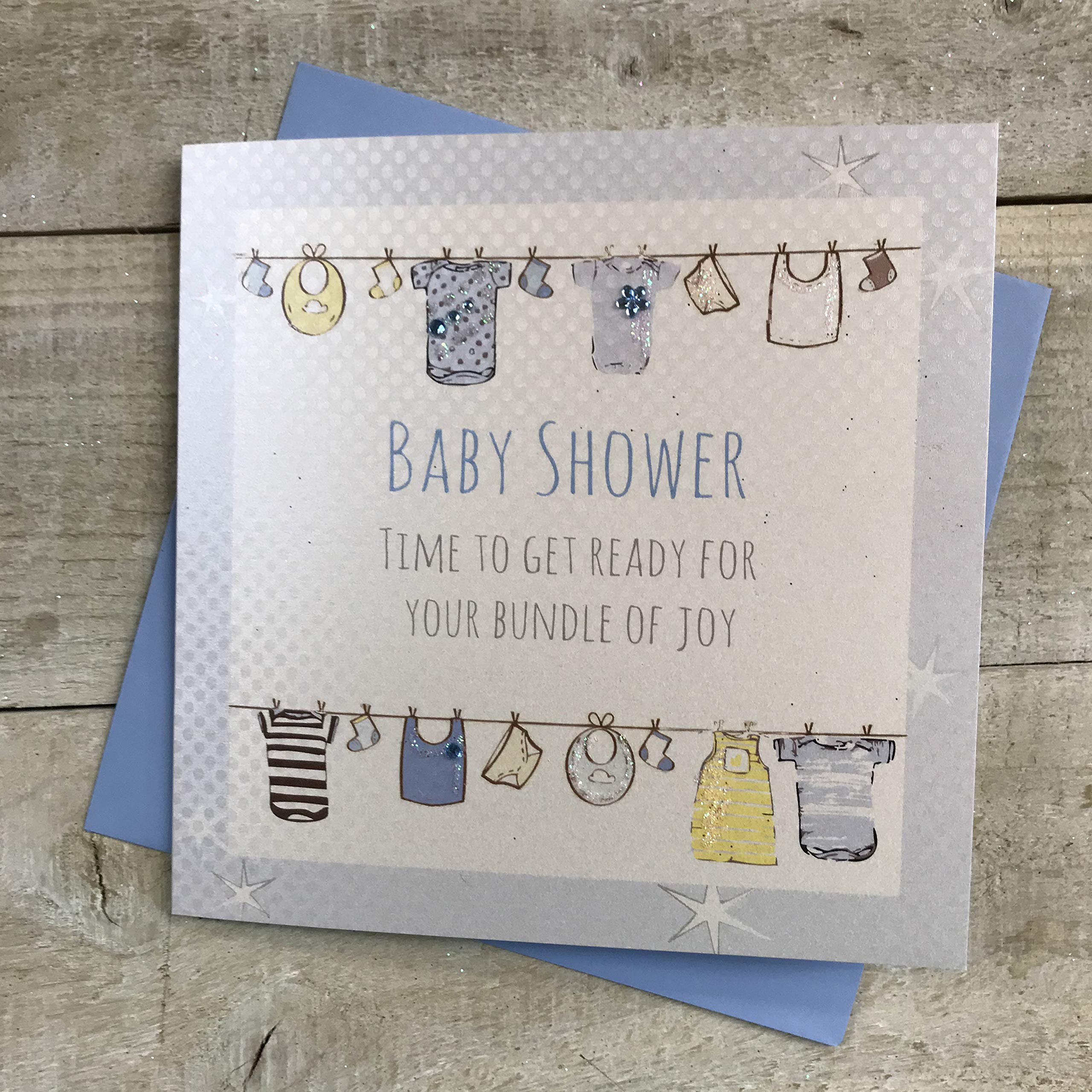 white cotton cards "Baby Shower! Time To Get Ready For Your Bundle Of Joy Baby Washing Line Card, Blue, G12b