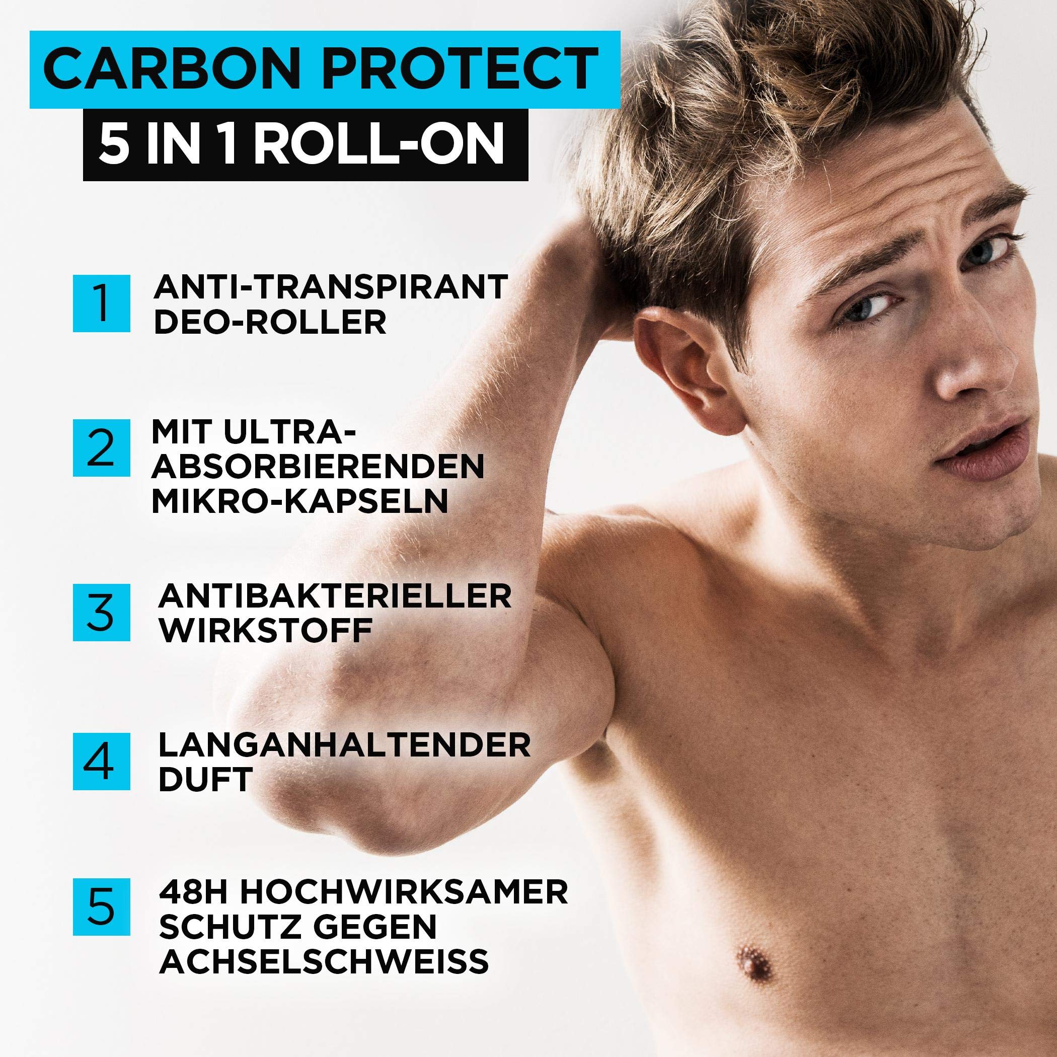 L'Oréal Men Expert Deo für Männer, 5-in-1 Deoroller gegen Geruchsbildung, Nässe, Bakterien und weiße Rückstände für bis zu 72 Stunden Frische, Carbon Protect, 6 x 50 ml 2
