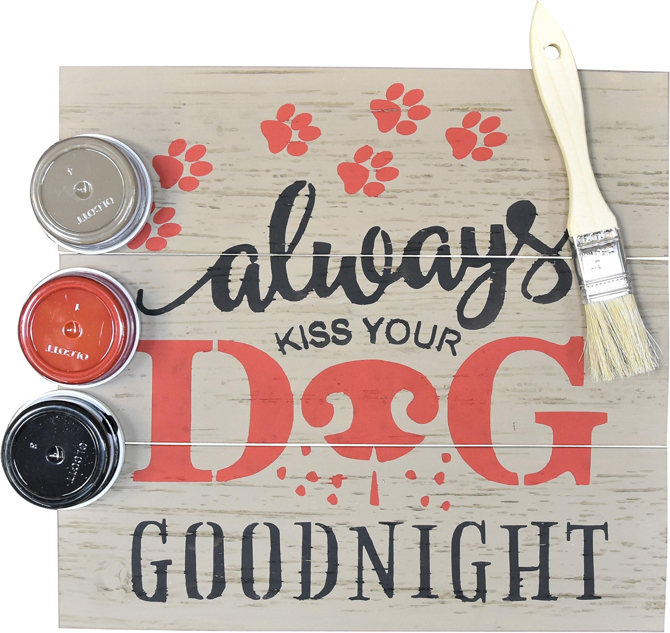 DIY Art In A Box - Wood Sign Painting Kit - "Always Kiss Your Dog Goodnight" Stencil, Paint, Brushes and Wood Included -12"x12"