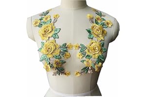 JINMOMOMO Embroidered Sew Patch Rose Flowers 3D Peony Appliques Lace Trims Fabric Collar Patches for Clothing Wedding Bride Evening Dress DIY Decoration (Yellow)