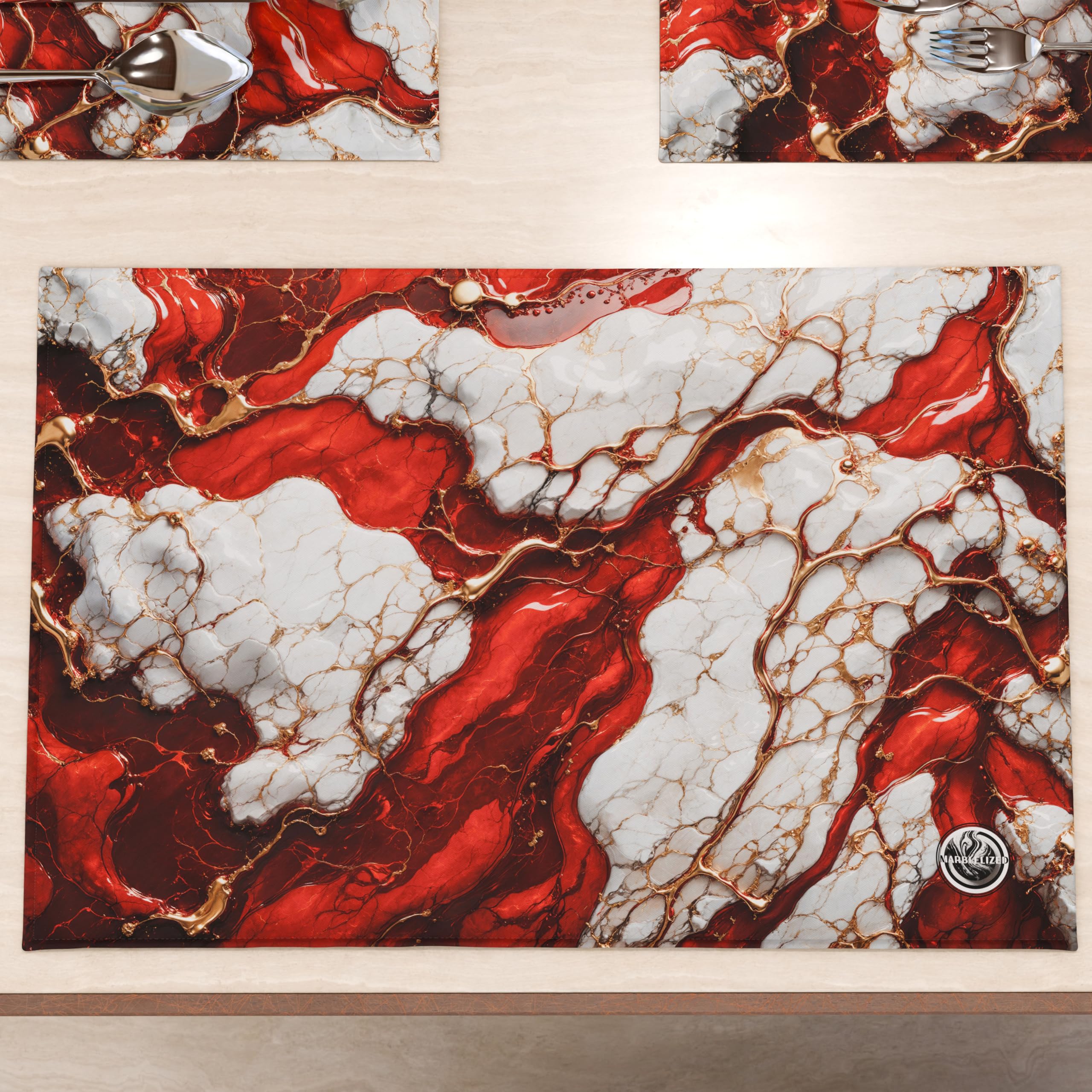 MARBLELIZED - Washable American Placemats, Red Marble Effect Fabric Placemats, Set of 6 (30 x 45 cm) - Elegant, Ideal for Breakfast, Lunch and Dinner, Gift Idea, 100% Made in Italy