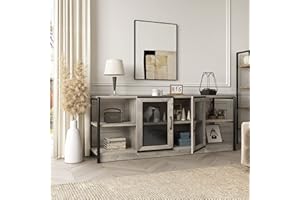 Amyove Farmhouse TV Stand for 65/75 inches TVs, Industrial Entertainment Center with Double Mesh Doors and Storage Cabinet, Rustic TV Cabinet TV Media Console Table for Living Room, Grey
