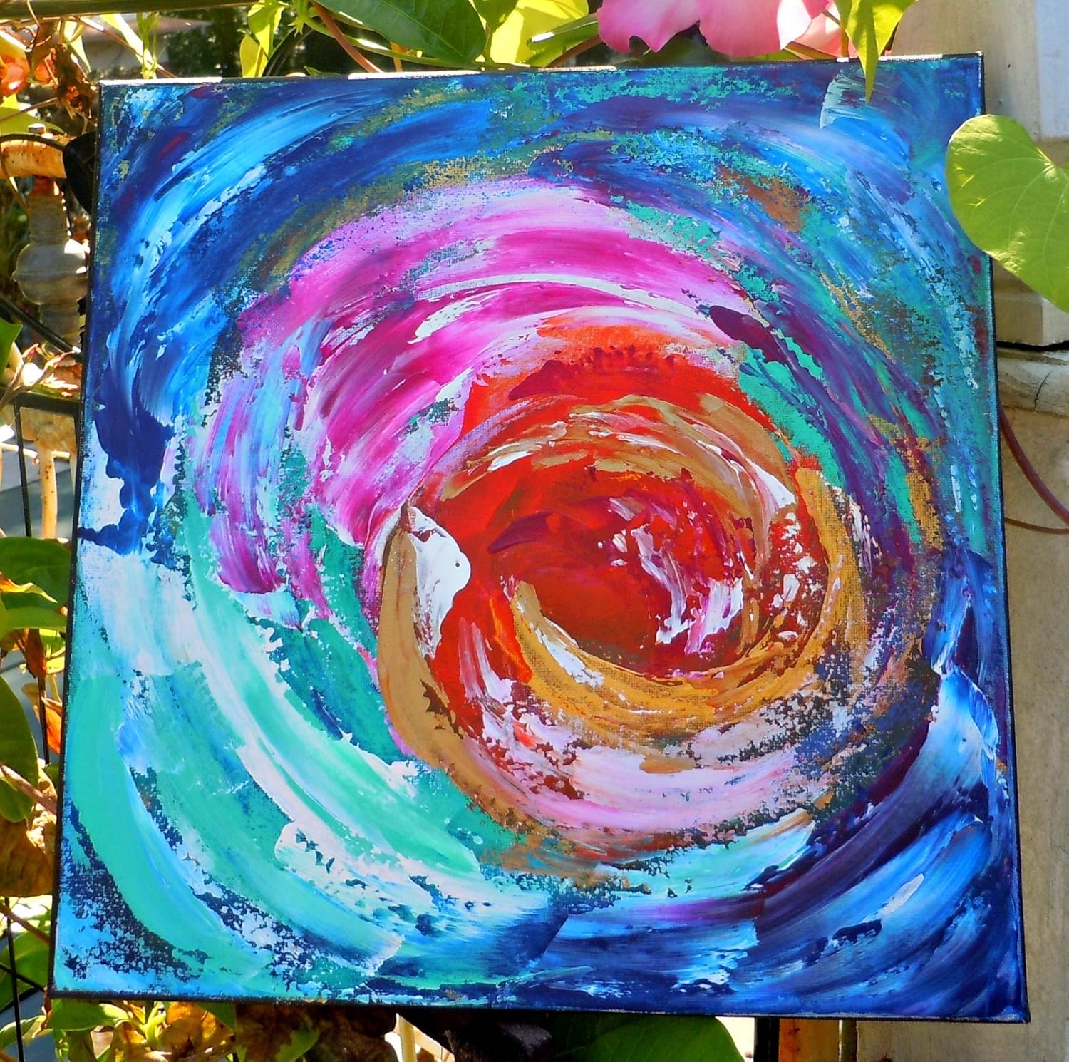 Amazon Com Abstract Original Painting Blue Gold Square Colorful