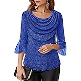 Lotusmile Blouses for Women Dressy Casual 3/4 Sleeve Cowl Neck Sparkly Tops Cocktail Shirts for Evening Party