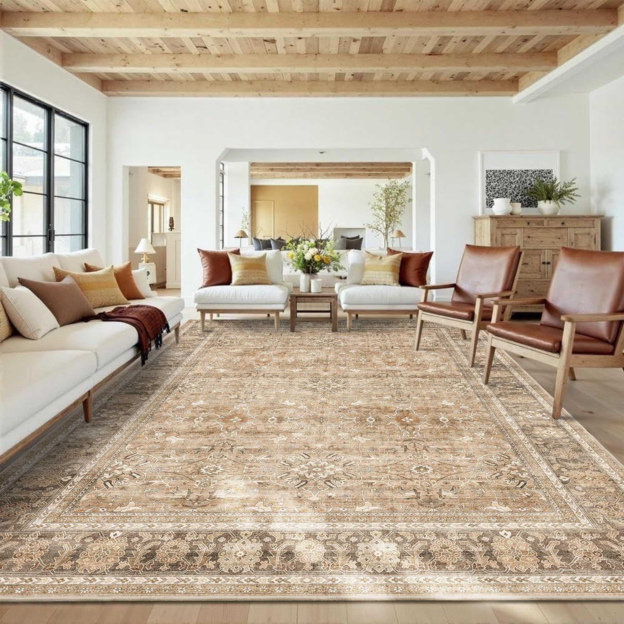 Photo 1 of HelloTree Washable Rugs 8x10 Area Rug for Living Room, Vintage Boho Khaki Rug Non Slip Carpet Retro Accent Indoor Mat Print Distressed Low Pile Throw Large Rug for Office Dining Room Bedside-Khaki