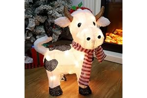 Lulu Home 21" H Christmas Yard Decoration, 3D Pre-lit Cow with 35 Warm White Lights, Light Up Diary Cattle Wearing Scarf & Santa Hat for Xmas Indoor Outdoor Holiday Lighted Display
