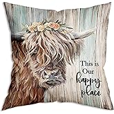 ZNGFON This is Our Happy Place Cow Art Farmhouse Throw Pillow Cover Decor Vintage Country Farmhouse Art for Gifts and Home Decor Throw Pillow Cover 18x18 Inch
