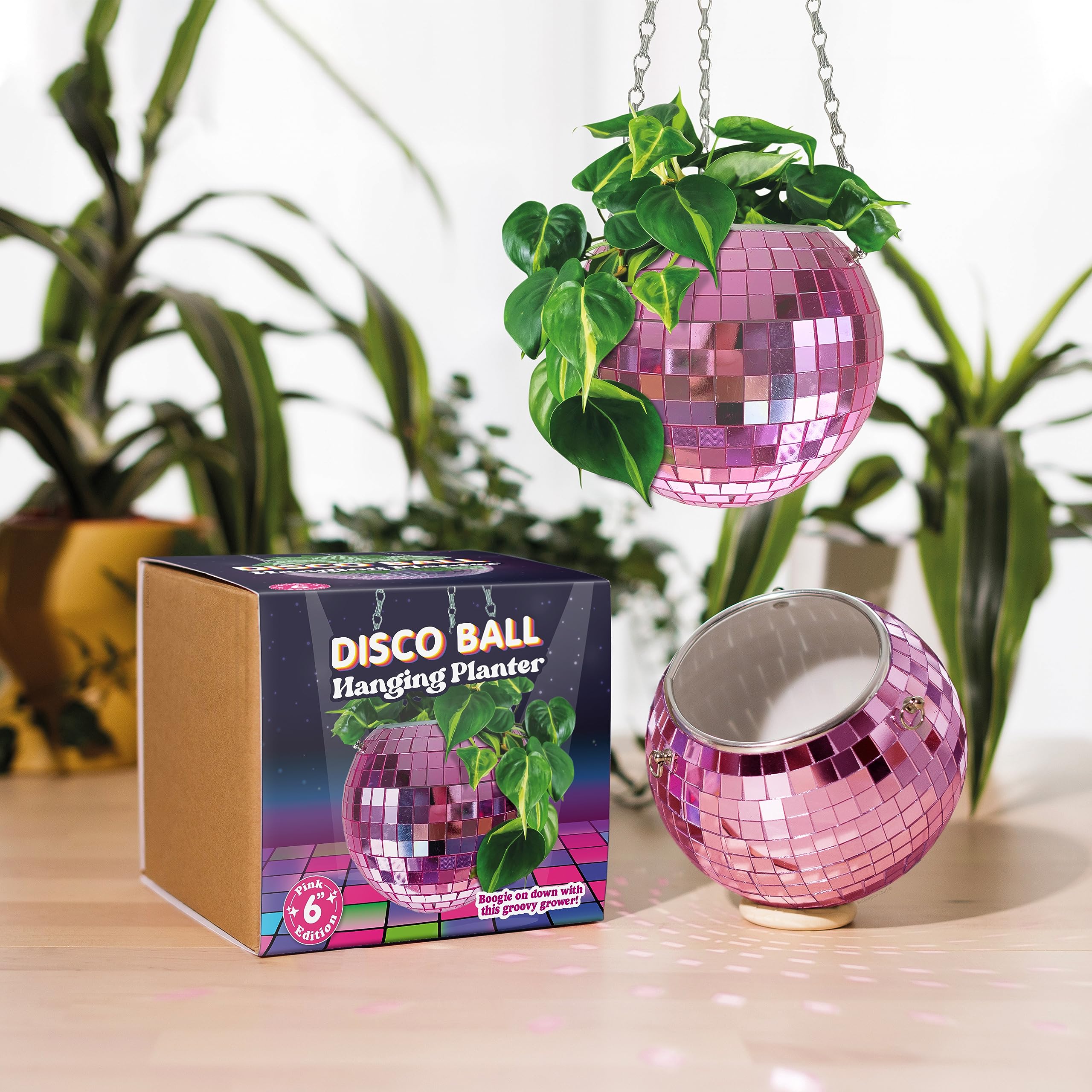 Bubblegum Stuff Pink Disco Ball Hanging Planter (6 in) - Hanging Planters for Indoor Plants - Spherical Shaped Plant Pots with Mirrored Exterior