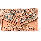 Merbaa Genuine Leather Wallets for Women Cowhide Wallet for Ladies Hand Tooled Western Wallet Purse with Multi Card Pocket Clutch Handbag Slim RFID Blocking Card Slot