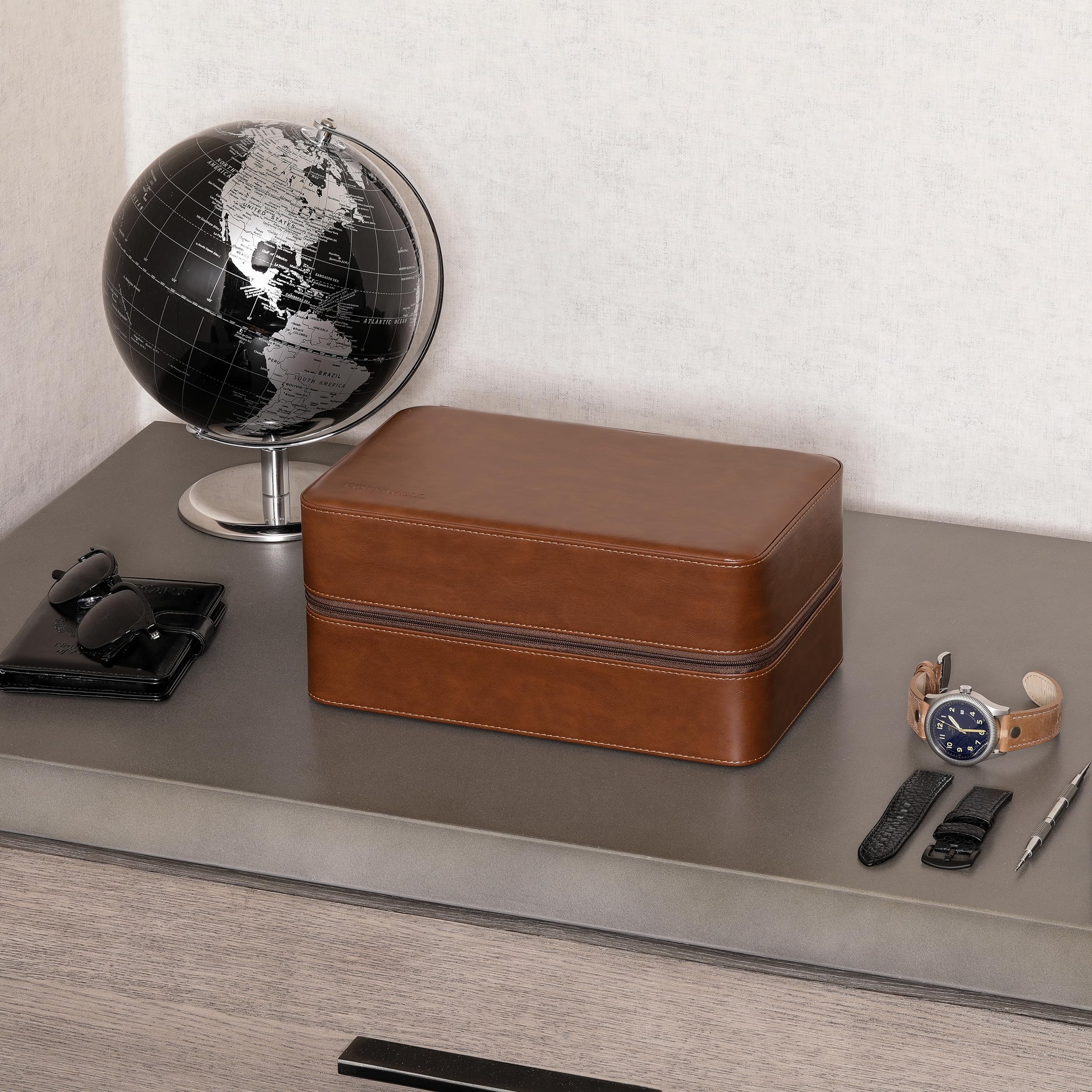 ROTHWELL 8 Watch Travel Case Storage Organizer for 8 Watches, Sunglasses, Rings & Cufflinks |Tough Portable Protection with Zipper Fits Most Wristwatches & Smart Watches Up to 50mm (Tan/Brown)