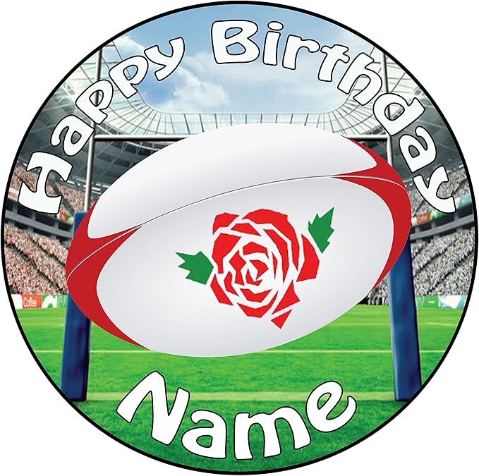 Personalised England Rugby Ball Birthday Icing Cake Topper 8" (20cm) PreCut Circle Amazon.co