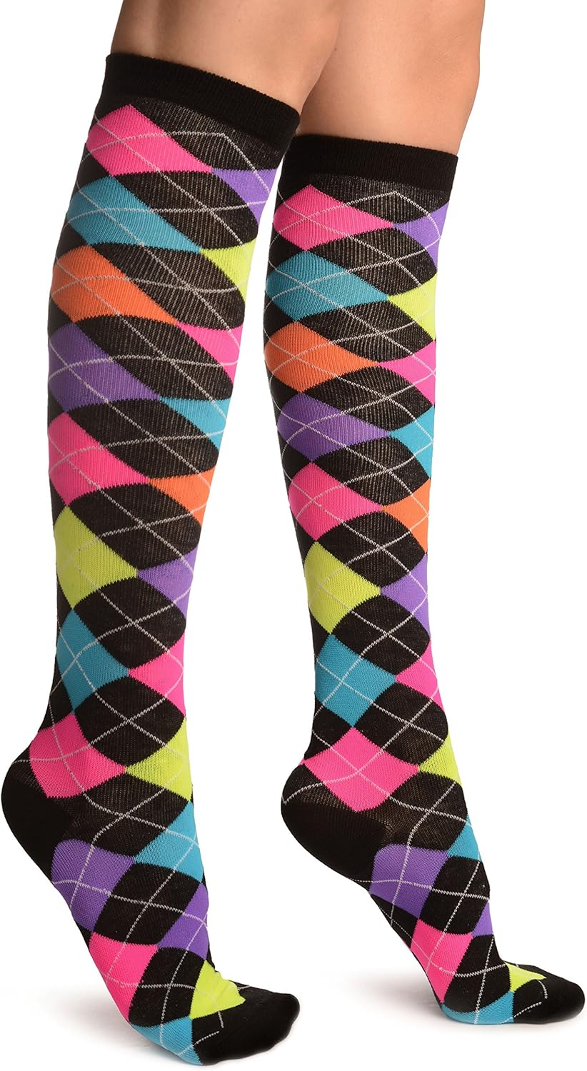 Neon Rainbow Argyle Socks Knee High Socks at Amazon