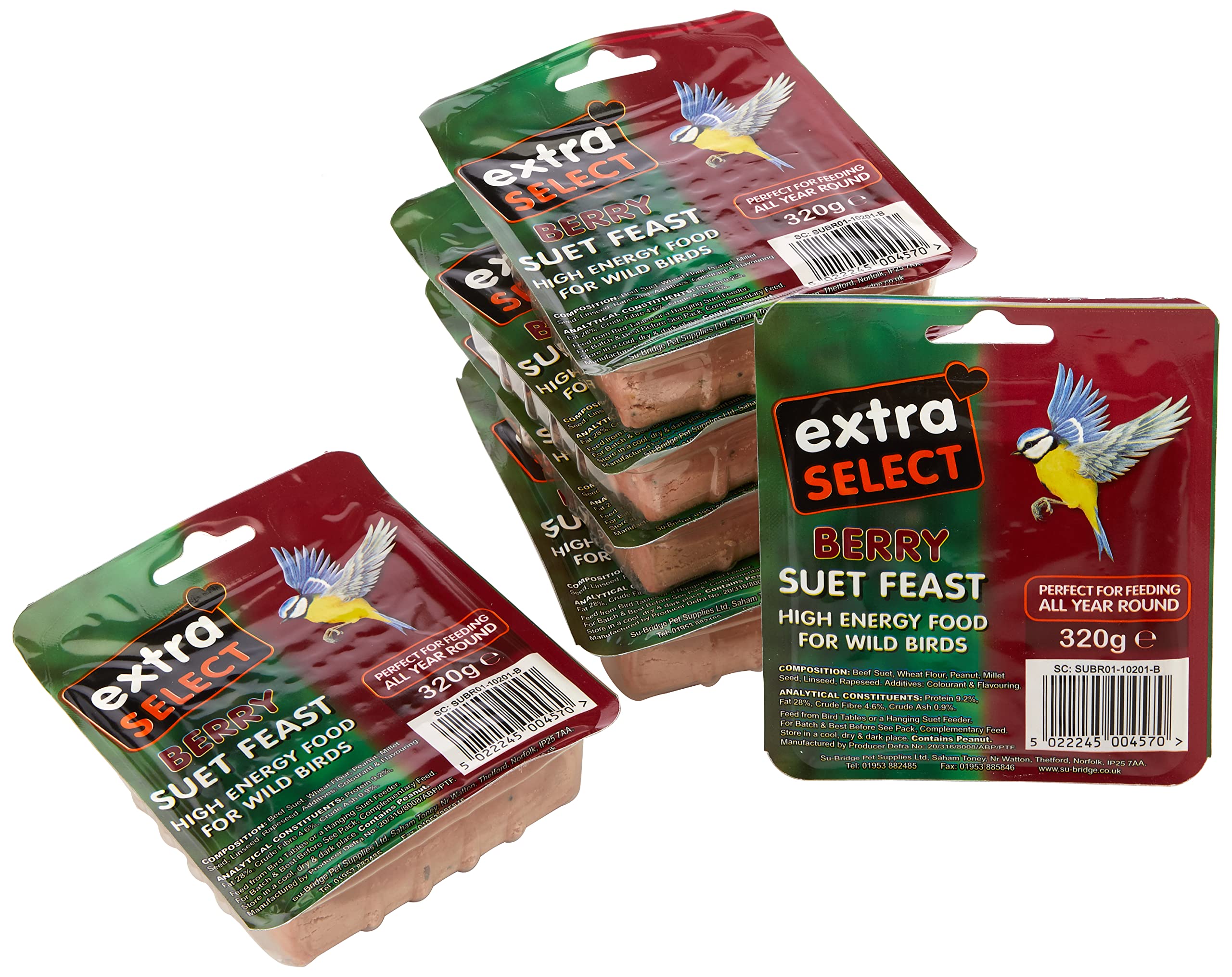 Extra Select Wild Bird High Energy Suet Block Wild Berry, 320 g (Pack of 6)