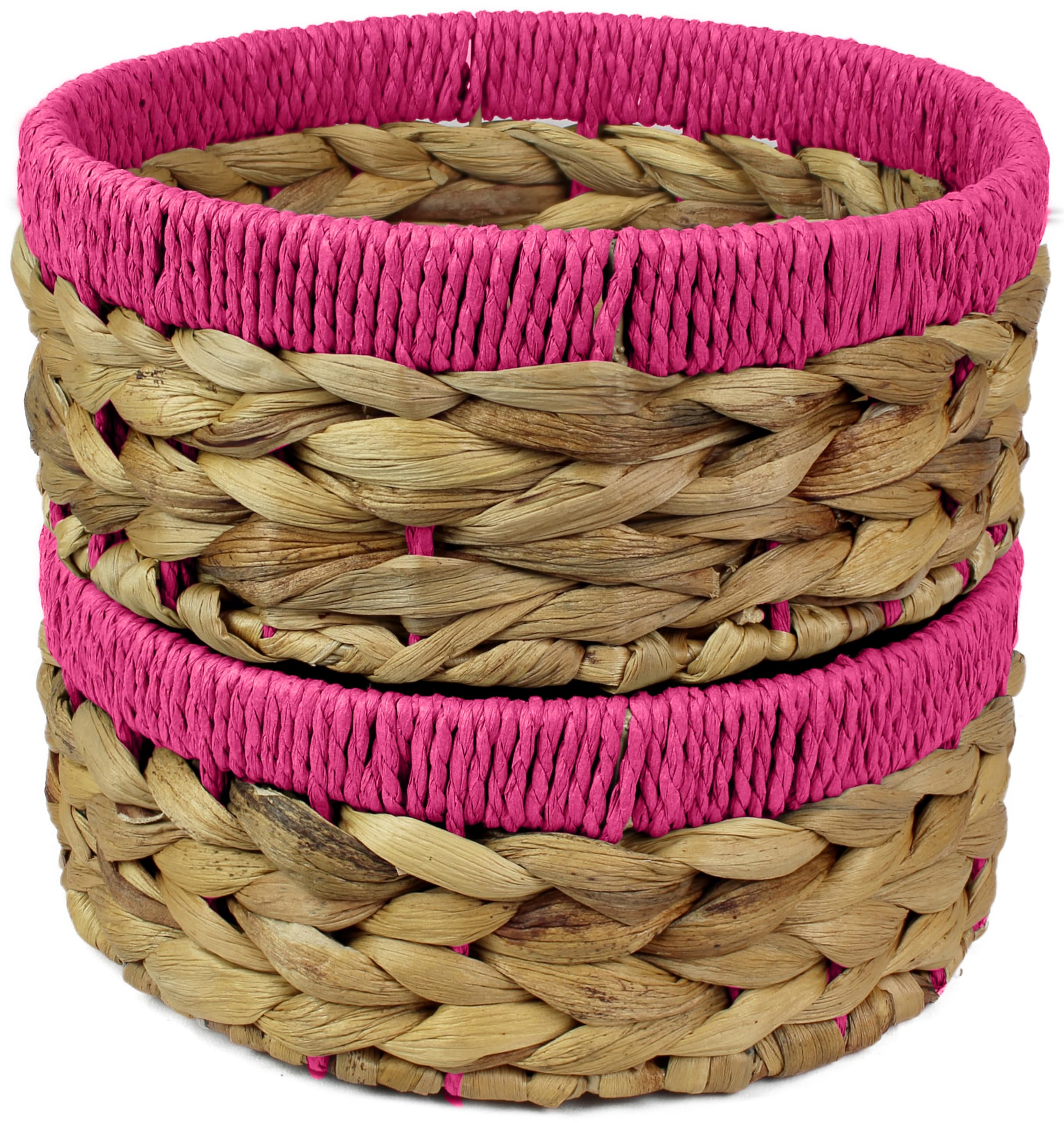 Small Water Hyacinth round baskets for storage Natural colour with Pink edges for shelves open hamper. Decorative gift bathroom storage mini tray make up bathroom Kitchen organiser (2, Large 22cm)