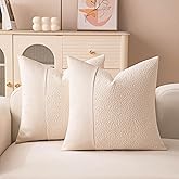 Hompooll Fluffy Boucle Throw Pillow Covers 18x18 Inch Set of 2 Beige Textured Boho Decorative Pillow Covers with Faux Leather Accents Farmhouse Cushion Covers for Couch Sofa Bed Home Decor