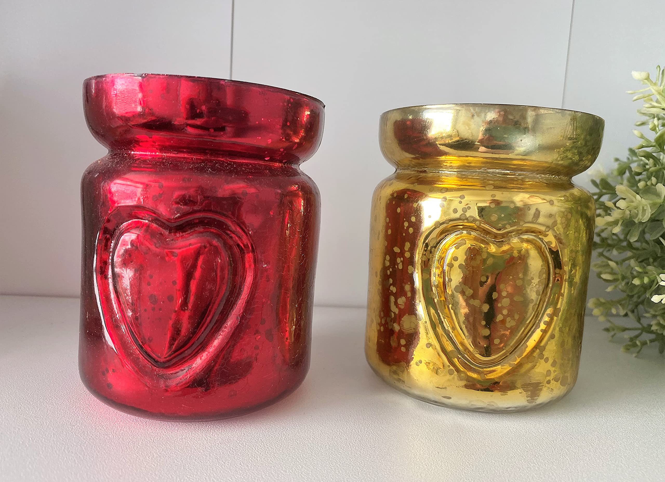 Heart Embellished Glass Tea light Candle Holder (1 x RED & 1 x GOLD)
