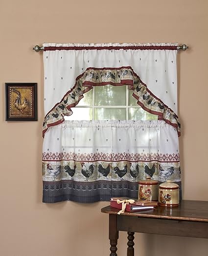 Achim Home Furnishings Rooster Tier and Swag Set, 57-Inch by 36-Inch, Burgundy