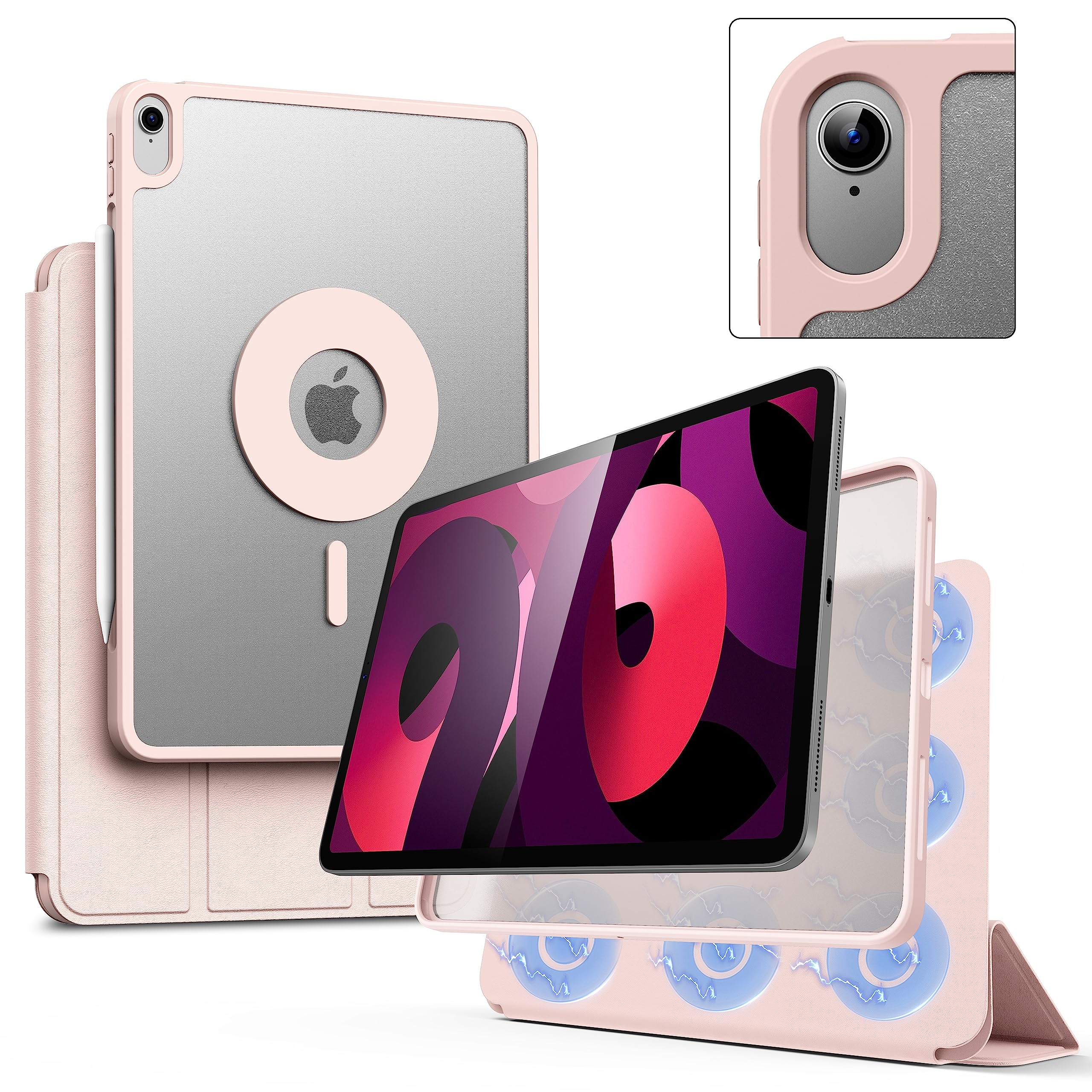 Marasone iPad Air 5th Generation Magnetic Case 2022 / iPad Air 4th 2020 Case Double-Layer Magnetic Folio Cover with Multiple Angles and Pencil Charging Support, Premium PU Leather (Pink) — image 1