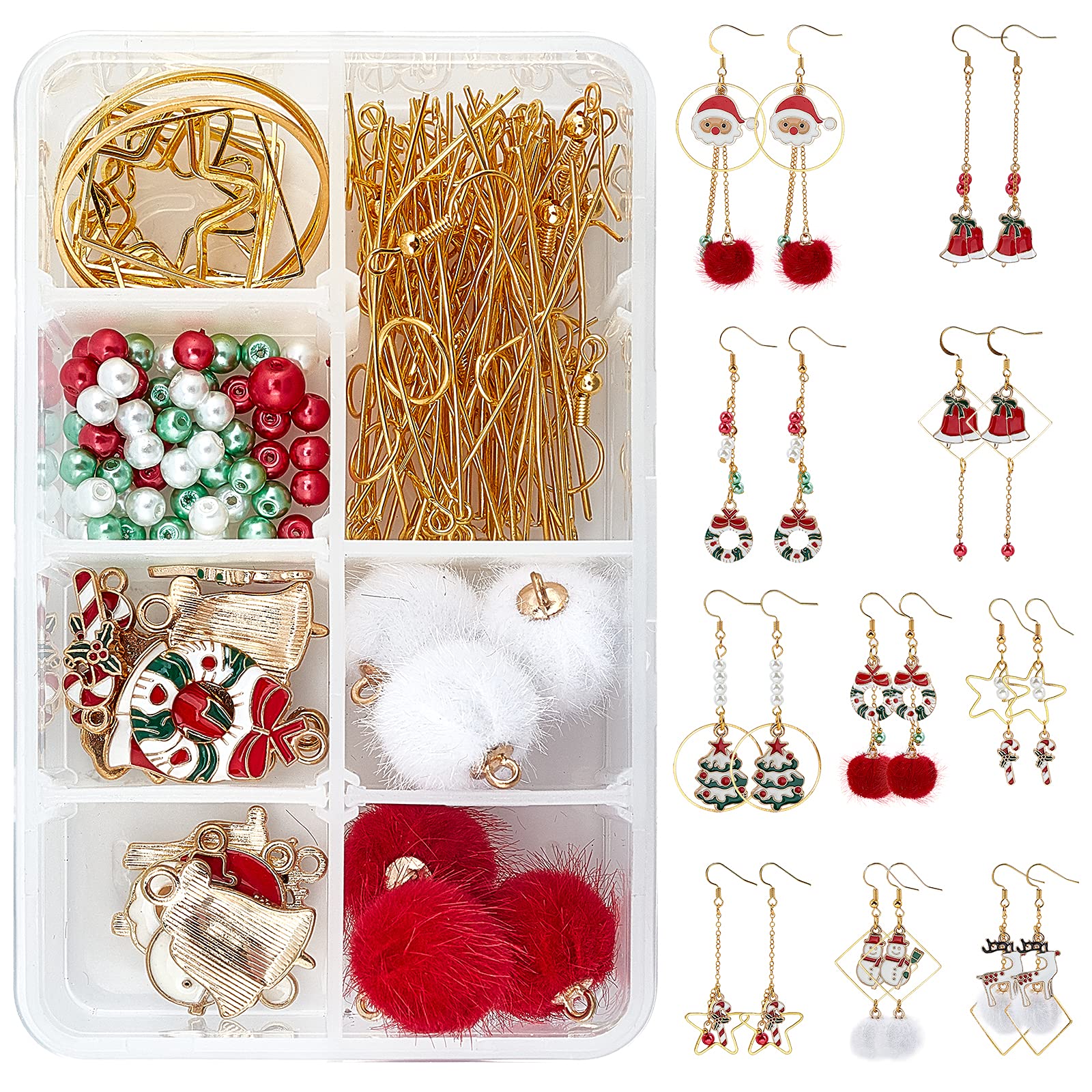SUNNYCLUE 1 Box DIY 10 Pairs Christmas Themed Earring Making Kits Santa Claus Snowman Christmas Trees Reindeer Enamel Pendants Charms Faux Mink Fur Covered Pendants for DIY Jewerly Xmas Earrings