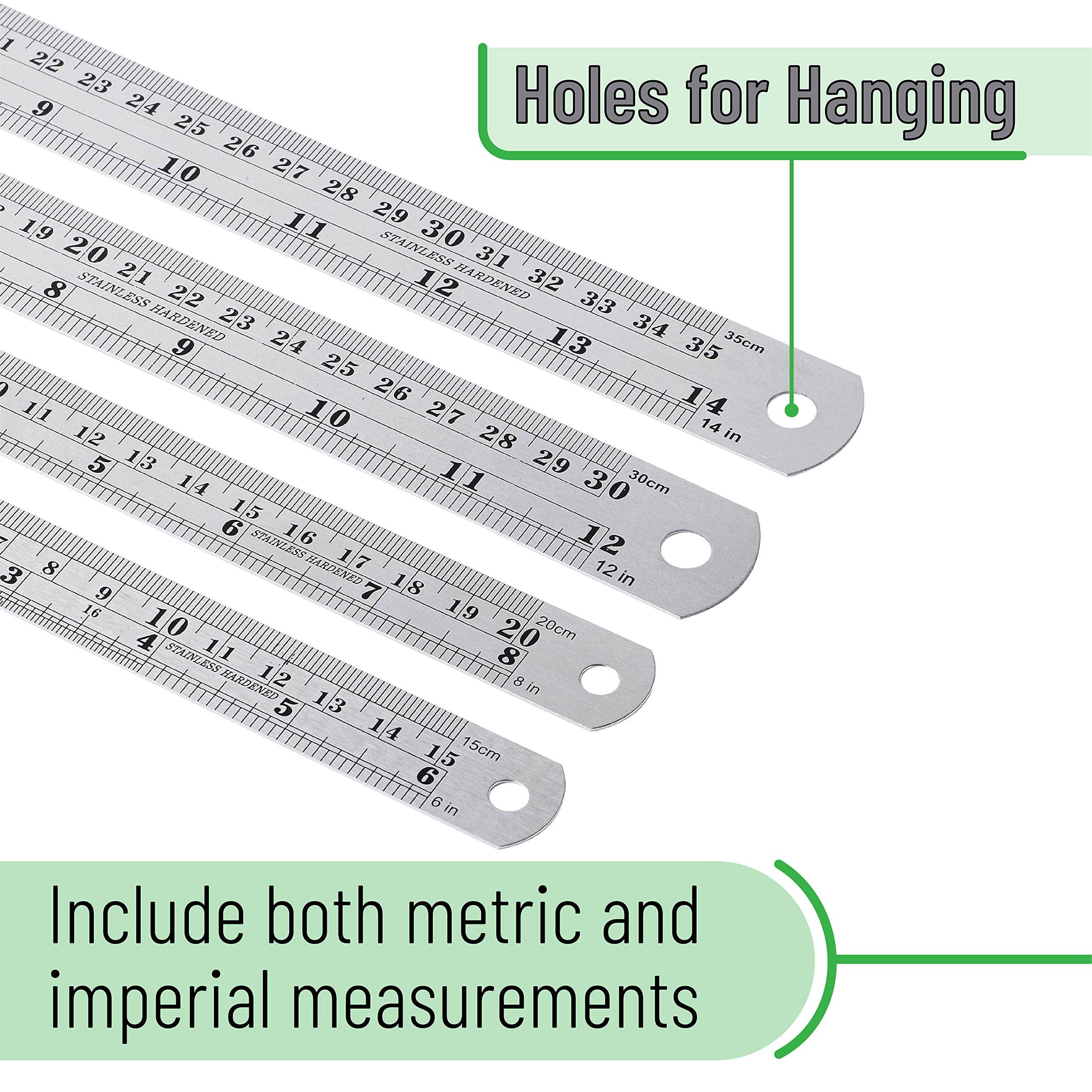 Mr. Pen Steel Rulers, 6, 8, 12, 14 inch Metal Rulers, Pack of 4