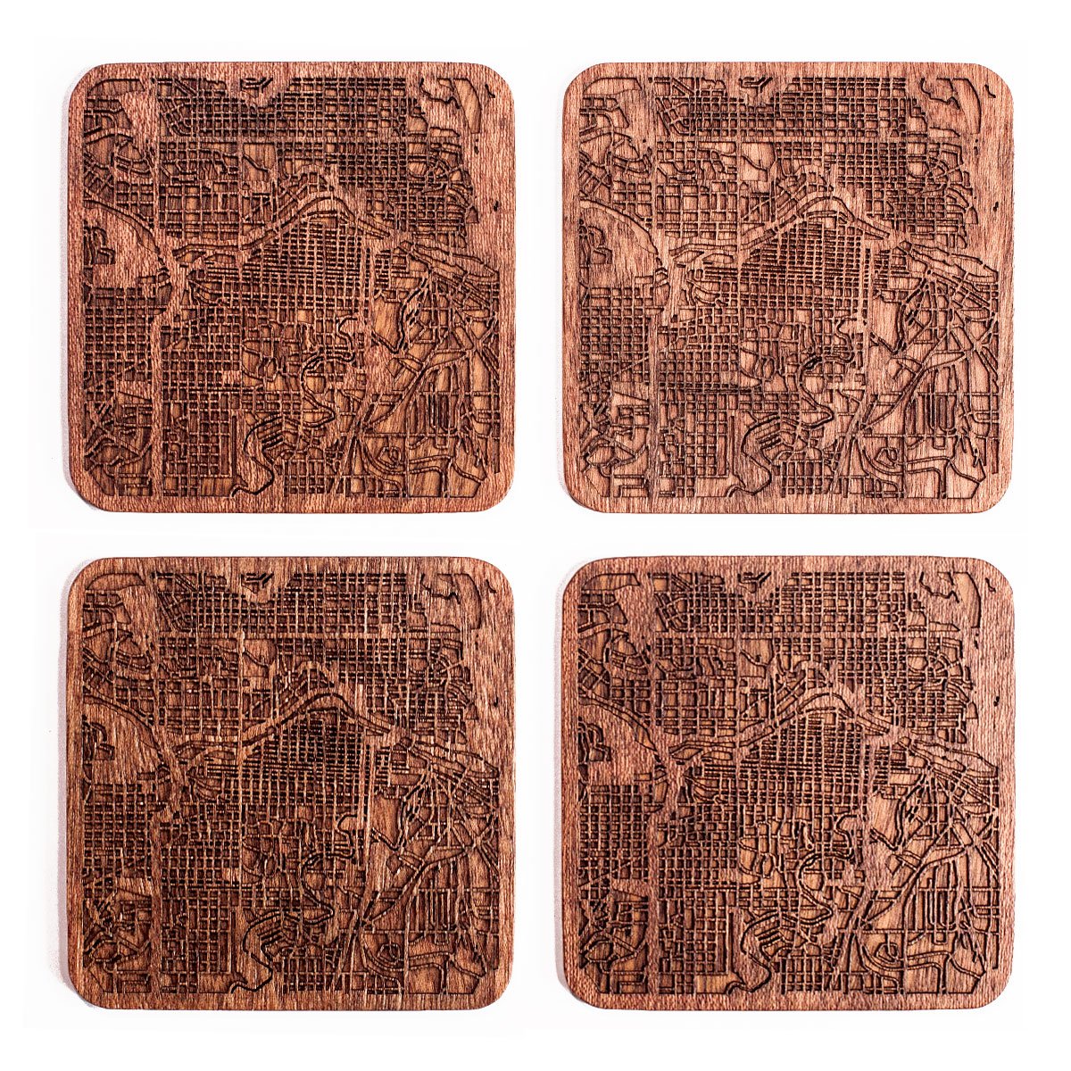 Calgary Map Coaster, Set of 4, Sapele Wooden Coaster with City Map, Handmade