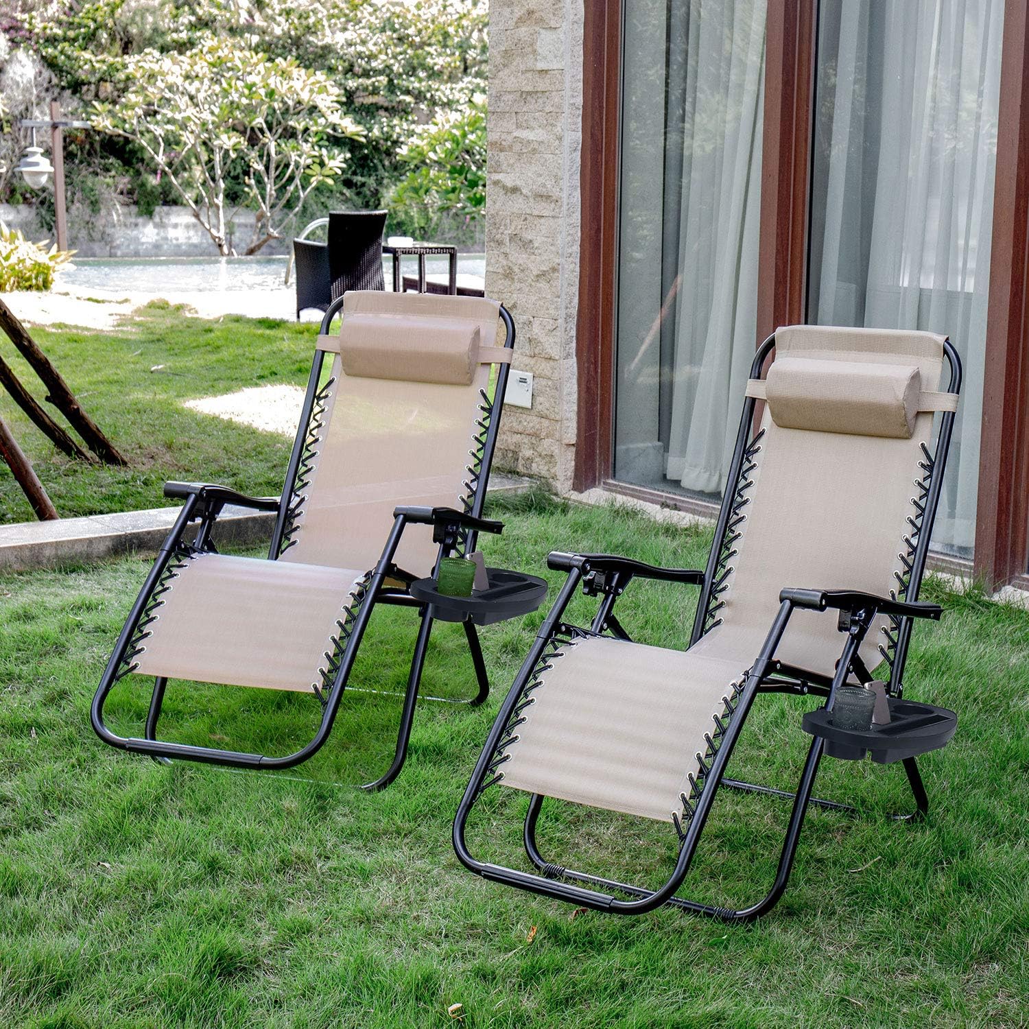 Devoko Patio Zero Gravity Chair Outdoor Folding Adjustable Reclining Chairs Pool Side Using Lawn Lounge Chair with Pillow Set of 2 (Beige) : Garden & Outdoor