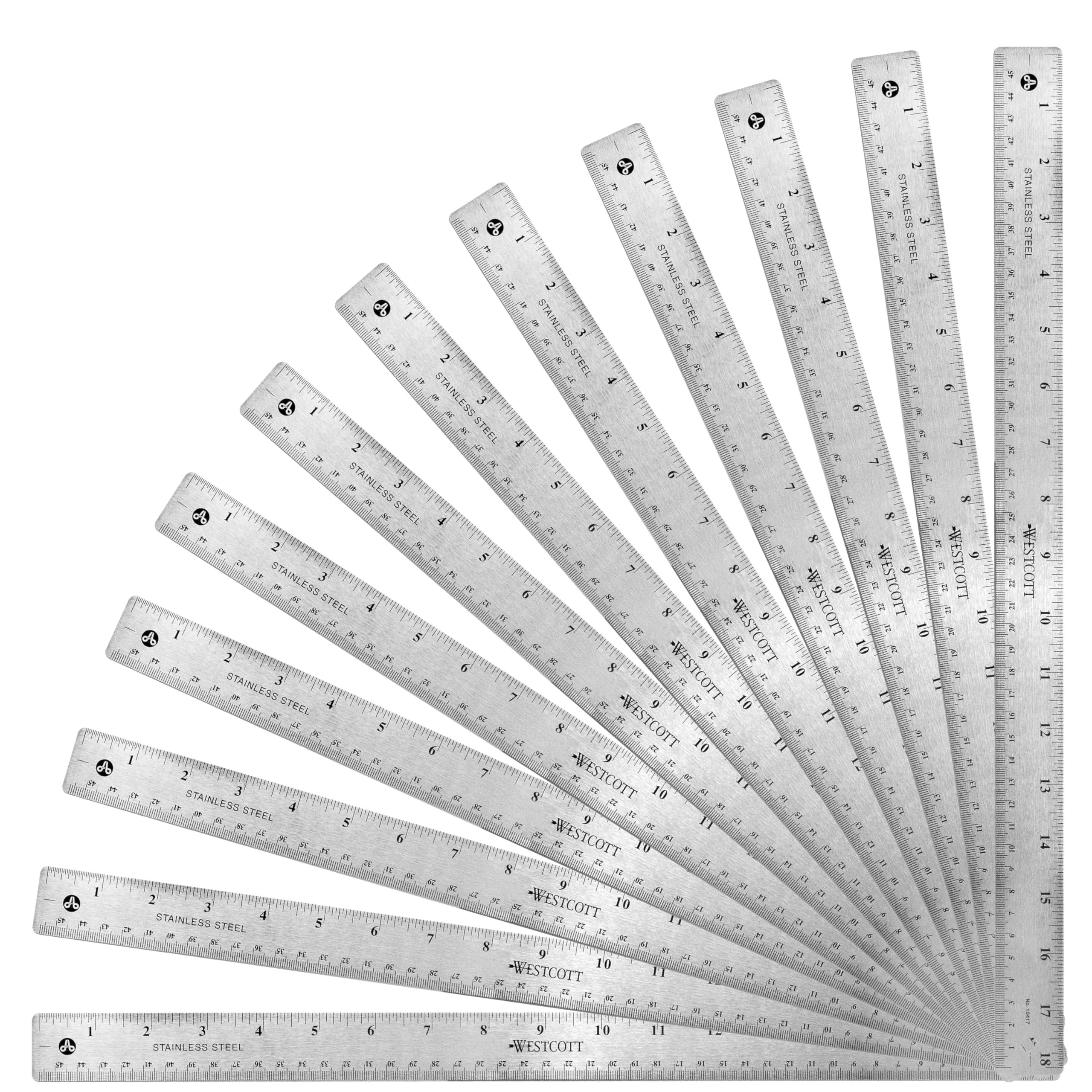 Westcott Stainless Steel Ruler Set with Non-Slip Cork Backing, Easy to Read Etched Markings, Flexible and Sturdy Design for Crafting, Office, Classroom, School Supplies, 18-Inch, 12-Pack Image