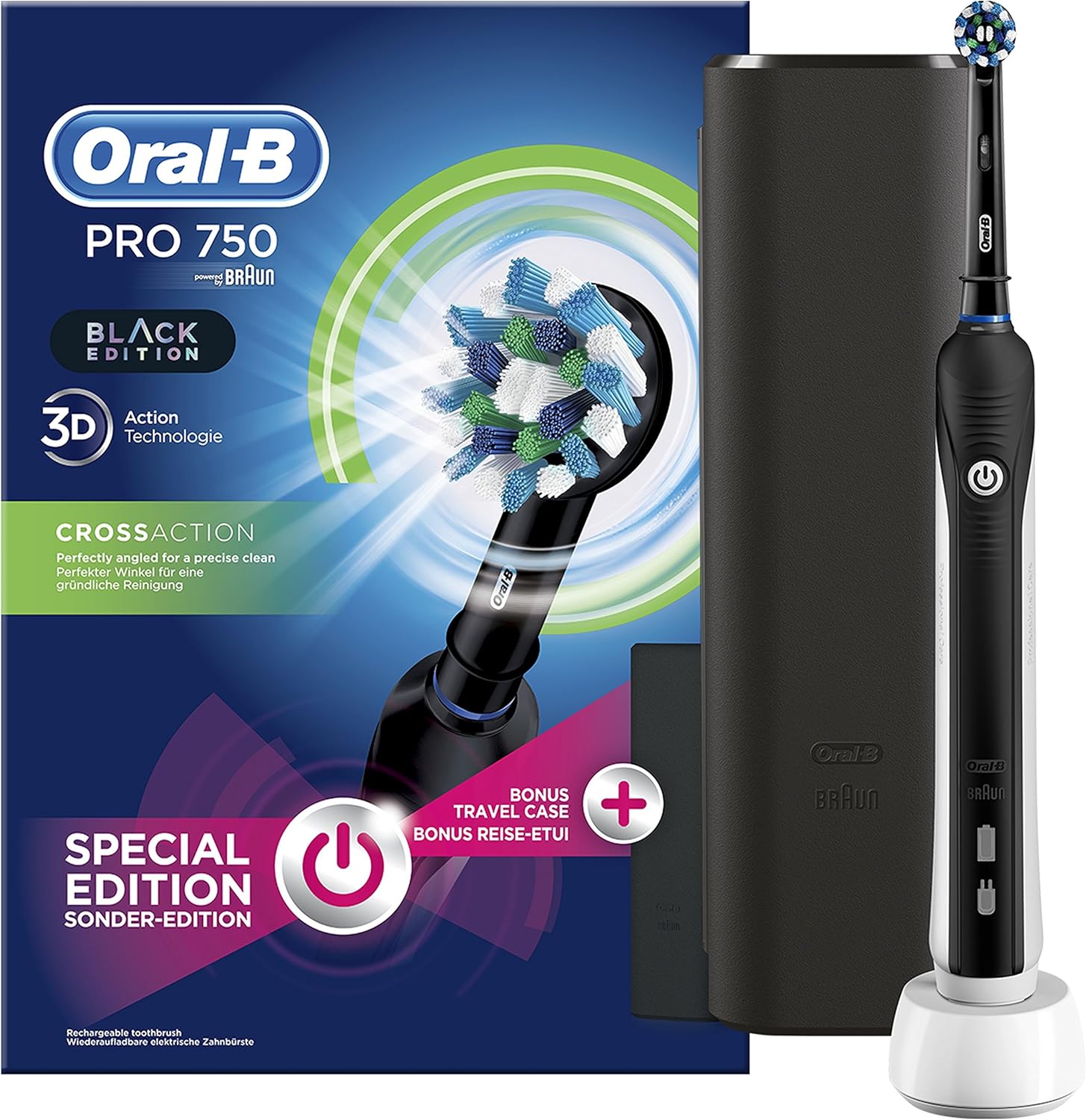 Oral-B Pro 750 CrossAction - Cepillo Eléctrico Recargable, 1 Negro Mango, 1 Cabezal Recambio, Funda de Viaje de Plástico Negra