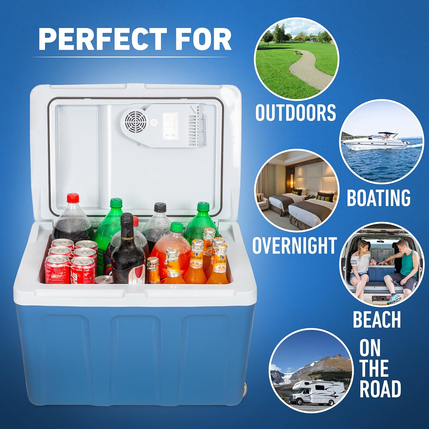 K-box Electric Cooler and Warmer with Wheels for Car and Home - 48 Quart (45 Liter) - 6 FT. EXTRA Long Cables Dual 110V AC House and 12V DC Vehicle Plugs (Blue): Appliances