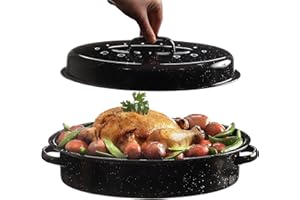 GOURMEX Black Ceramic Enamel Coated Roasting Pan | Dutch Oven Pot with Lid | Dishwasher Safe, Oven Safe, Freezer Safe | Ideal