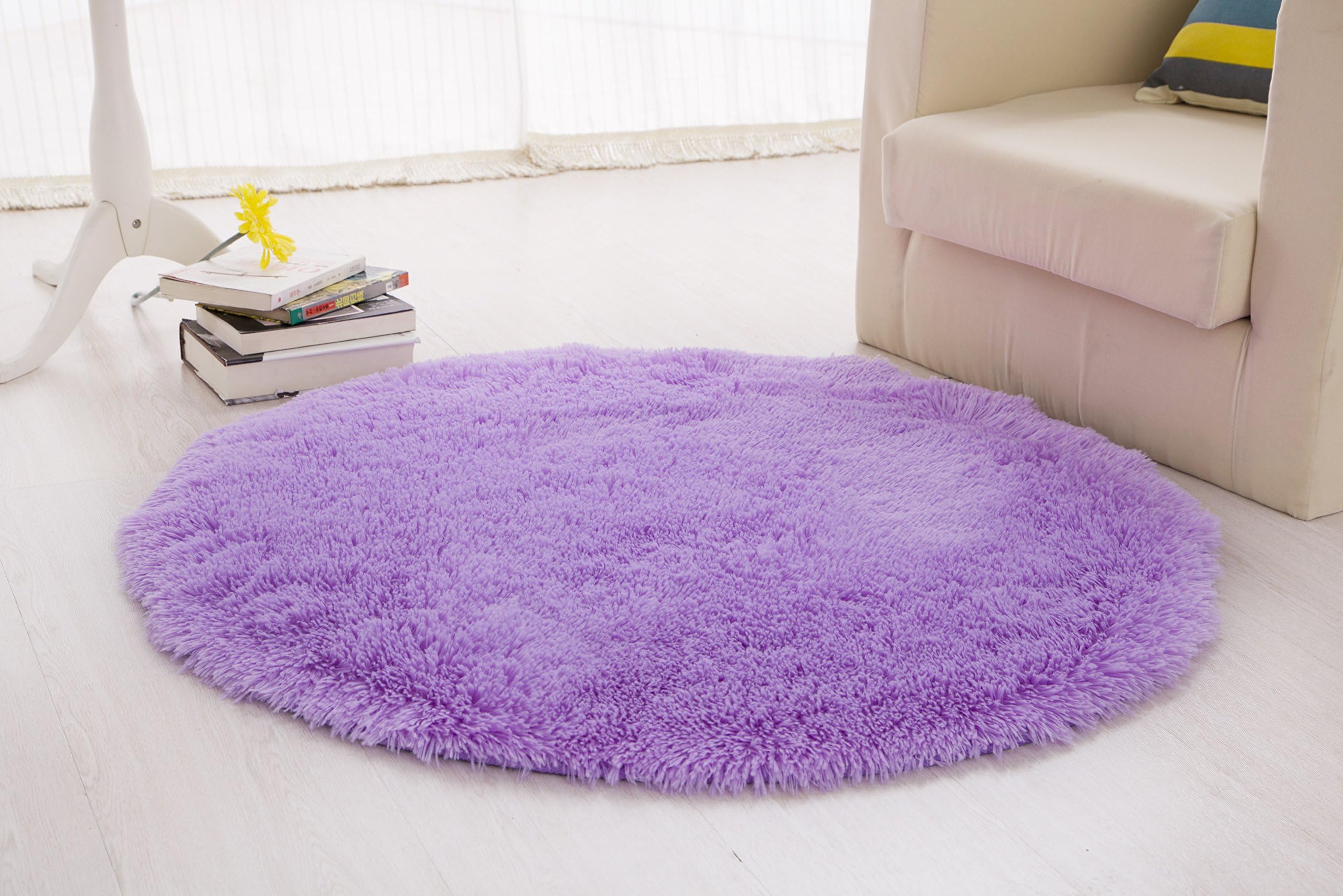 Igirls Round Silky Rugs 60",princess Your Daughter's Bedroom!cute Bright Shaggy Area Rugs Ultra Soft Living Room Rugs Carpet Bedroom Rug (purple)