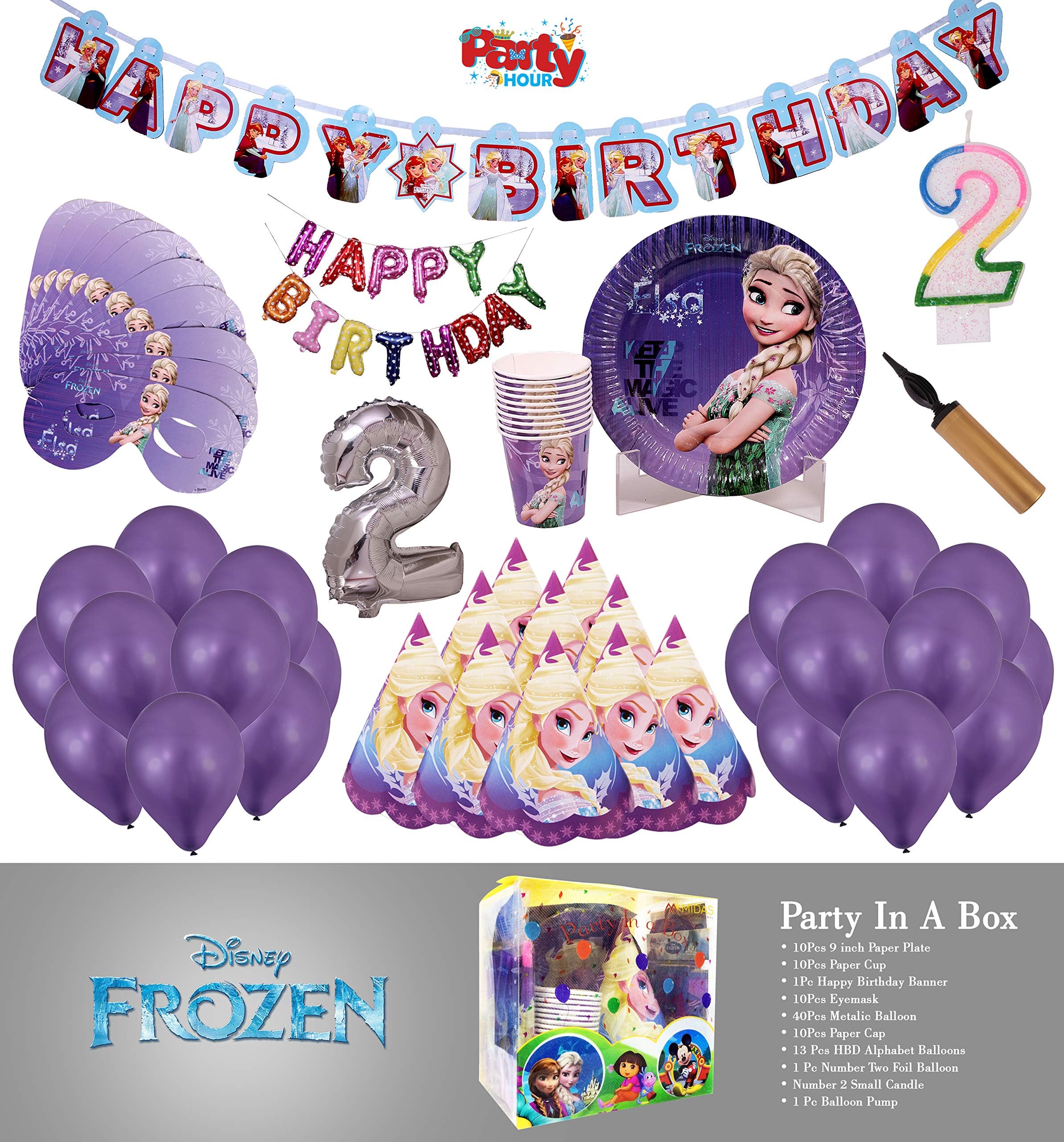 Party Hour Disney Frozen Combo Set of Metallic Happy Birthday Balloon, Banner, Eye Mask, Candle, Cap, Plate, Pump and Cup for Birthday Party Decoration of Kids, Age 4 to 12 Years