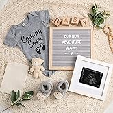 Canlierr 9 Pcs Pregnancy Announcement Set Pregnancy Reveal Ideas Felt Letter Board Baby Bodysuit Booties Photo Frame Bear Plush Wood Blocks for Coming Soon Baby Announcement(Gray)