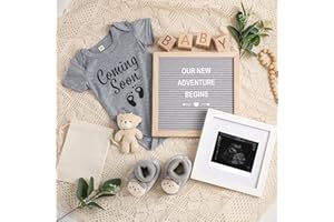Canlierr 9 Pcs Pregnancy Announcement Set Pregnancy Reveal Ideas Felt Letter Board Baby Bodysuit Booties Photo Frame Bear Plush Wood Blocks for Coming Soon Baby Announcement(Gray)