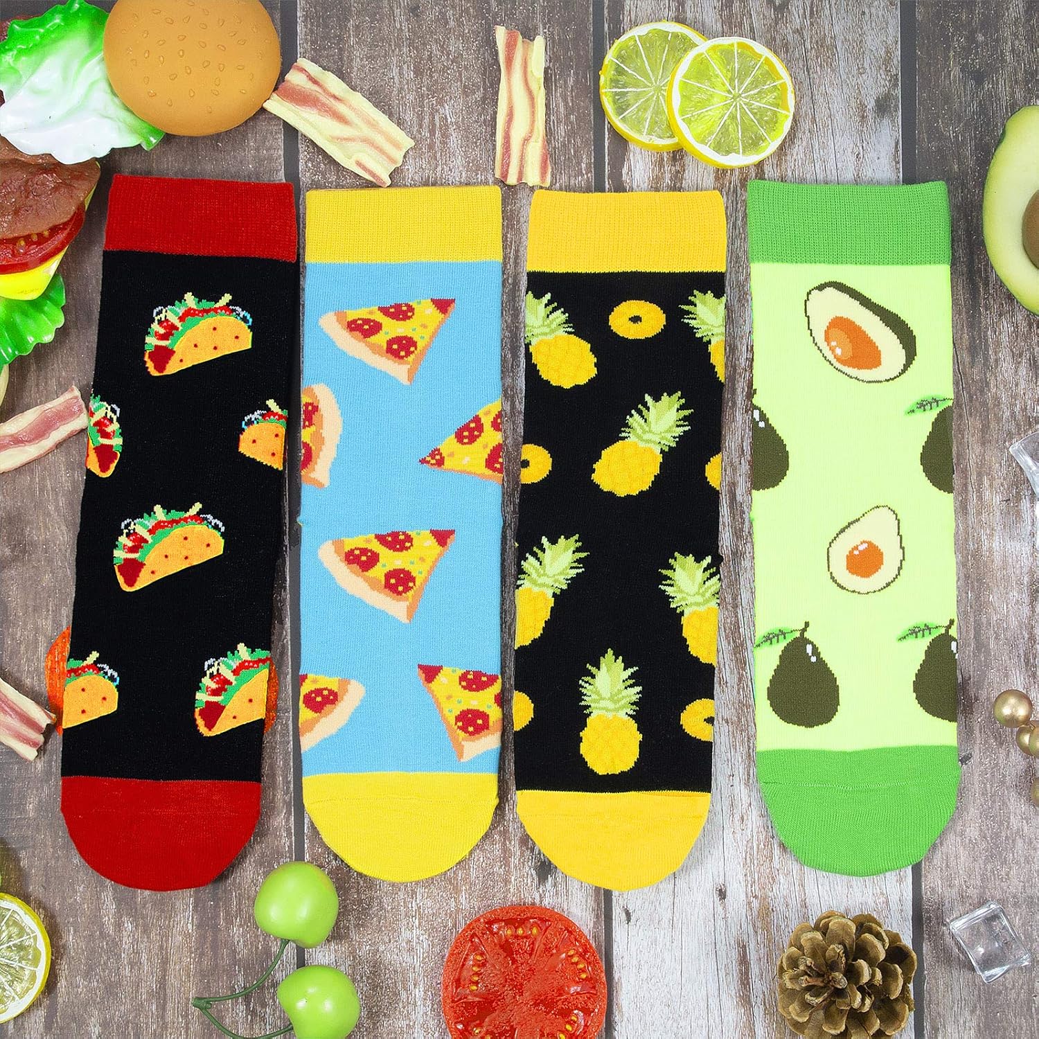 4 Pack Kids Boys Girls Novelty Crew Socks Funny Cartoon Cute Animal Food Avocado Pineapple Cat: Clothing